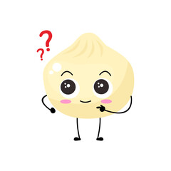 Kawaii cartoon dumpling icon. Character of dumpling. Xiaolongbao. chibi. Illustration emoji dumpling man in flat style. wondering expression, curious