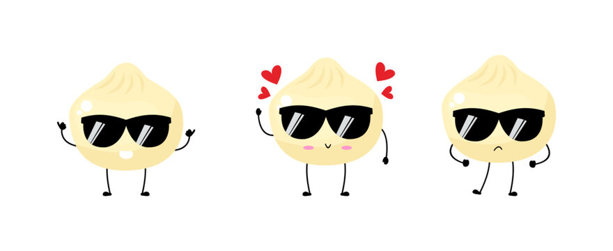Kawaii cartoon dumpling icon. Character of dumpling. Xiaolongbao. chibi. Illustration emoji dumpling man in flat style. set of lovely collection