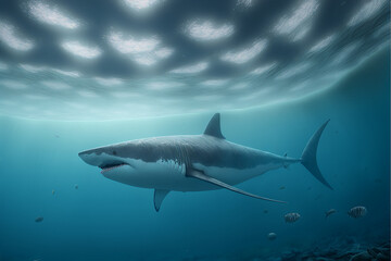 Fototapeta premium Great White Shark Swimming in the Ocean, Digital Illustration, Concept Art