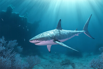 Fototapeta premium Great White Shark Swimming in the Ocean, Digital Illustration, Concept Art