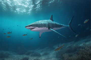 Obraz na płótnie Canvas Great White Shark Swimming in the Ocean, Digital Illustration, Concept Art