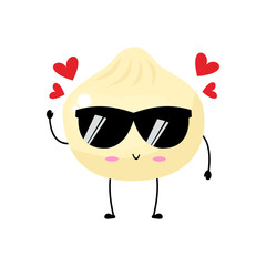 Kawaii cartoon dumpling icon. Character of dumpling. Xiaolongbao. chibi. Illustration emoji dumpling man in flat style. cute, lovely, sunglasses