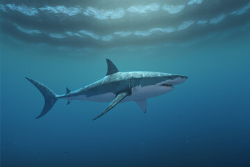 Naklejka premium Great White Shark Swimming in the Ocean, Digital Illustration, Concept Art, Generative AI