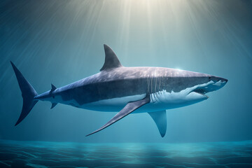 Fototapeta premium Great White Shark Swimming in the Ocean, Digital Illustration, Concept Art