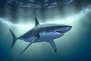 Fototapeta premium Great White Shark Swimming in the Ocean, Digital Illustration, Concept Art