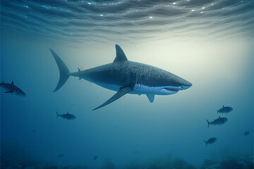 Fototapeta premium Great White Shark Swimming in the Ocean, Digital Illustration, Concept Art