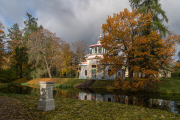 Chinese gazebo on the bank of the Upper Ponds in the Catherine Park in Tsarskoye Selo on a sunny...