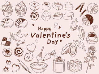 オシャレなバレンタインセット手描き_ベクターイラスト