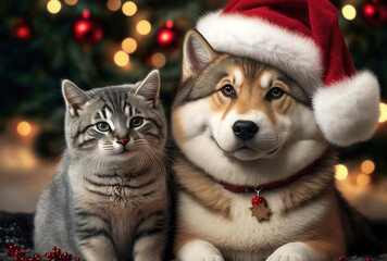 On a backdrop of the Christmas tree, a tabby cat and an Alaskan Malamute dog are dressed in red Christmas hats. Generative AI