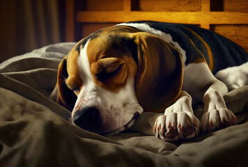 Obraz premium adorable Beagle dog dozing on a bed. adorable animal. Generative AI
