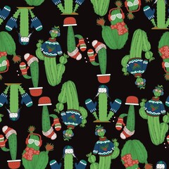 Cute hand drawn illustration of cactus plants dressed up warm for winter and Christmas in a seamless repeating pattern on a solid background. 