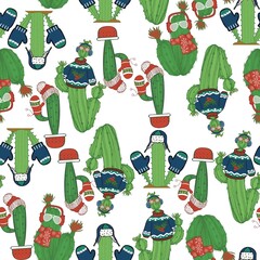 Cute hand drawn illustration of cactus plants dressed up warm for winter and Christmas in a seamless repeating pattern on a solid background. 