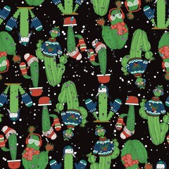 Cute hand drawn illustration of cactus plants dressed up warm for winter and Christmas in a seamless repeating pattern on a solid background. 