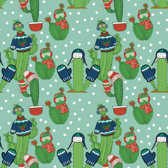 Cute hand drawn illustration of cactus plants dressed up warm for winter and Christmas in a seamless repeating pattern on a solid background. 