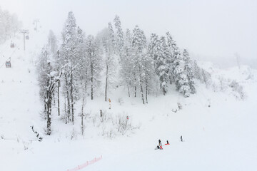 People go downhill skiing and snowboarding in a snowstorm in winter