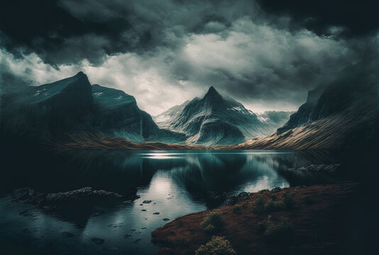 Beautiful Lake With A Mountain Range Around It In The Awe Inspiring Gloomy Sky. Generative AI