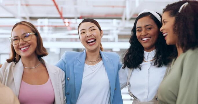 Business women in team building hug for office celebration, success and love of diversity, equality and empowerment in marketing agency. Happy creative employees or friends in workspace group support