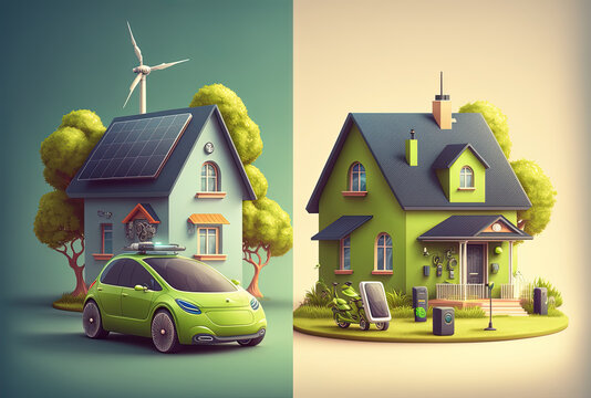 Set of illustrations for green energy. Smart home technologies and an eco friendly modern private residence. Electric vehicle next to a charger. Concept of renewable energy. Image in format