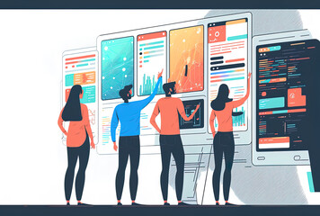 Concept of Web UI UX Design Teamwork. Building a team of people designing user interfaces for websites. Generative AI - obrazy, fototapety, plakaty