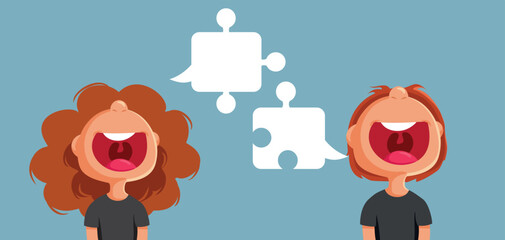Kids Trying to Communicate and Collaborate Vector Cartoon Illustration. Students engaging in debate project making up arguments 

