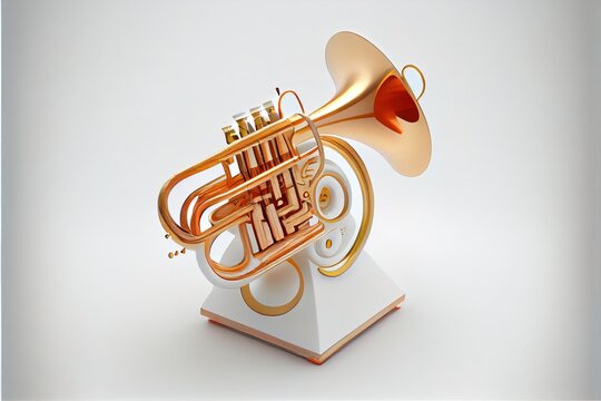  a golden trumpet on a white stand with a white background and a white background with a white background and a white background with a gold band. Generative AI
