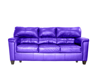 Purple leather sofa isolated. Loft furniture. Big purple leather couch on the white background