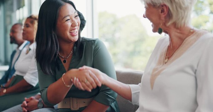 Creative business people, handshake and meeting in waiting room for interview, greeting or introduction at the office. Group of employee workers shaking hands for partnership, teamwork or startup