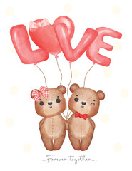 Cute Valentine teddy bear couple cartoon character hand drawing illustration vector, idea for wedding invitation, greeting card, Valentine's day, anniversary decor and more