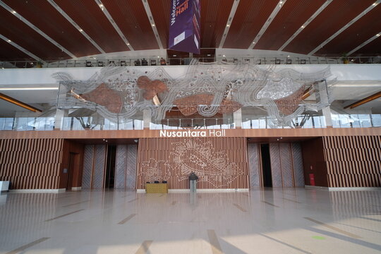 South Tangerang, Indonesia, Oct 14, 2020. Hall Nusantara, the main lobby hall of the BSD International Convention Expo (ICE BSD) building decorated with cast metal artwork.