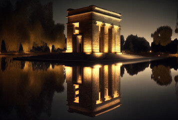 Fototapeta premium Madrid's illuminated Debod Temple. Generative AI