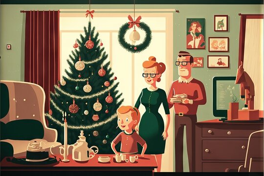 A Family in Christmas Party, Illustrated in Vintage Style, With Gifts, Special Clothing and Protocol