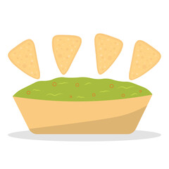 Guacamole with nachos - traditional Mexican latin american sauce made from avocado. Ceramic bowl with guacamole sauce and  tortilla chips. Vector flat illustration isolated on white.