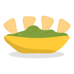 Guacamole with nachos - traditional Mexican latin american sauce made from avocado. Ceramic bowl with guacamole sauce and  tortilla chips. Vector flat illustration isolated on white.