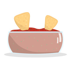 Nachos corn chips with red salsa sauce icon vector. Mexican corn tortilla chips with salsa dip icon isolated on a white background