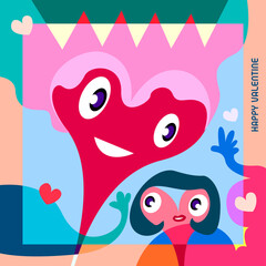 Happy valentine greeting card with colorful cute love cartoon design and background
