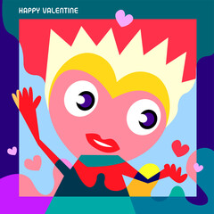 Happy valentine greeting card with colorful cute love cartoon design and background