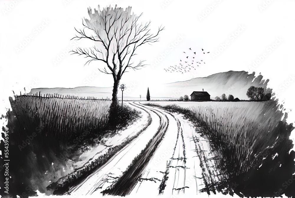 Sticker ink on paper. on a white backdrop, a solitary cornfield and rural road. farming and farmland. natura