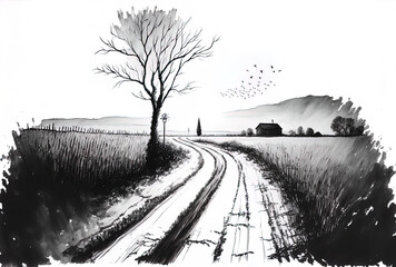 Ink on paper. On a white backdrop, a solitary cornfield and rural road. farming and farmland. Natural village setting Natural farming. Generative AI
