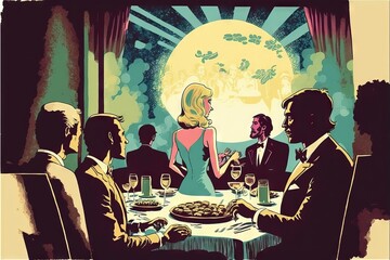 Fancy Dinner With Rich People, Amazing Food, drinks, and interesting people, illustrated in vintage style