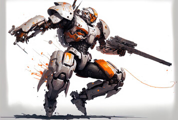 a futuristic mech warrior brandishing two swords in combat. Robot in a leaping position. futuristic robot made of metal that is white and gray. mech conflict On a white backdrop, orange paint is used