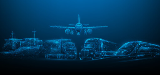 transportation logistic digital technology. blue dark background. vector illustration. importing and exporting goods global. road, water and air delivery. truck, train, ship and plane shipping.