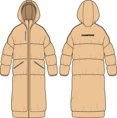 Womens Long line Quilted Puffer Hoodie jacket design flat sketch Illustration, puffa Padded Hooded jacket with front and back view, Soft shell winter jacket for girls and ladies for winter © JERZEY DESINZ