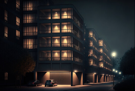 Residential structures in a city in Europe at night. modern apartment buildings. Leave the subterranean parking lot. Generative AI