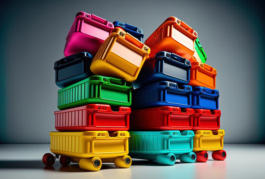 On a platform trolley or warehouse trolley, colored plastic boxes are piled one on top of the other. Generative AI