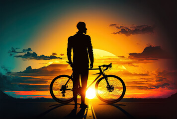 The shape of a guy standing next to his bicycle against the backdrop of the sunset, the silhouette of a cyclist against the gorgeous sky and the sun. Generative AI
