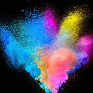 Colored powder explosion on black background. Generative AI © Alina