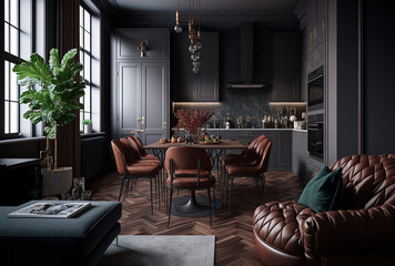 With a gray fabric sofa, a brown leather armchair and footrest chair, a dining table and chairs, and a kitchen pantry, a modern and luxurious dark toned apartment is mocked up. Generative AI