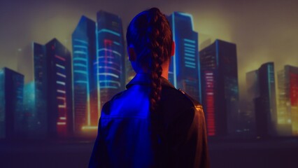 Portrait of cyberpunk girl with a smartphone. Beautiful young woman on the background of city scyscrapers. Futuristic concept.