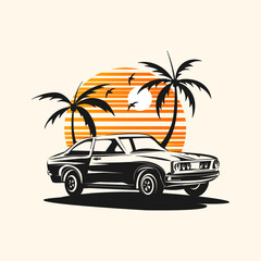 vintage classic car badge in summer illustration