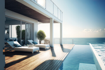Fototapeta na wymiar With a view of the sea, the swimming pool terrace between contemporary buildings features hardwood flooring and is decorated with rattan sun loungers. Generative AI